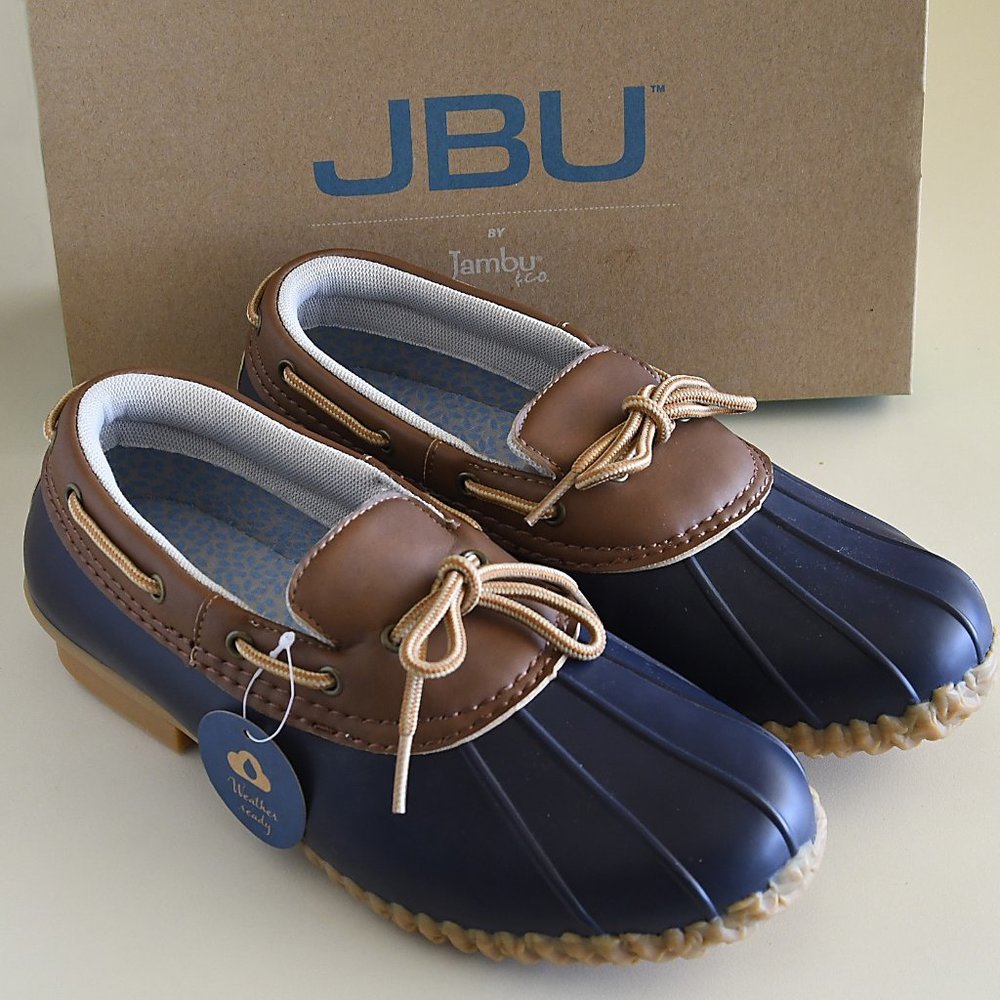 JAMBU Women's Gwen Waterproof Duck Shoe Sz.9.5 M garden shoe Navy/Tan New in Box